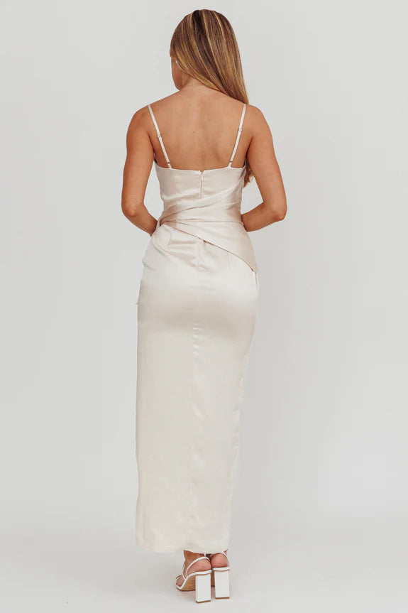 Spaghetti Straps Waist Tie Slit Satin Light Champagne Maxi Evening Dress