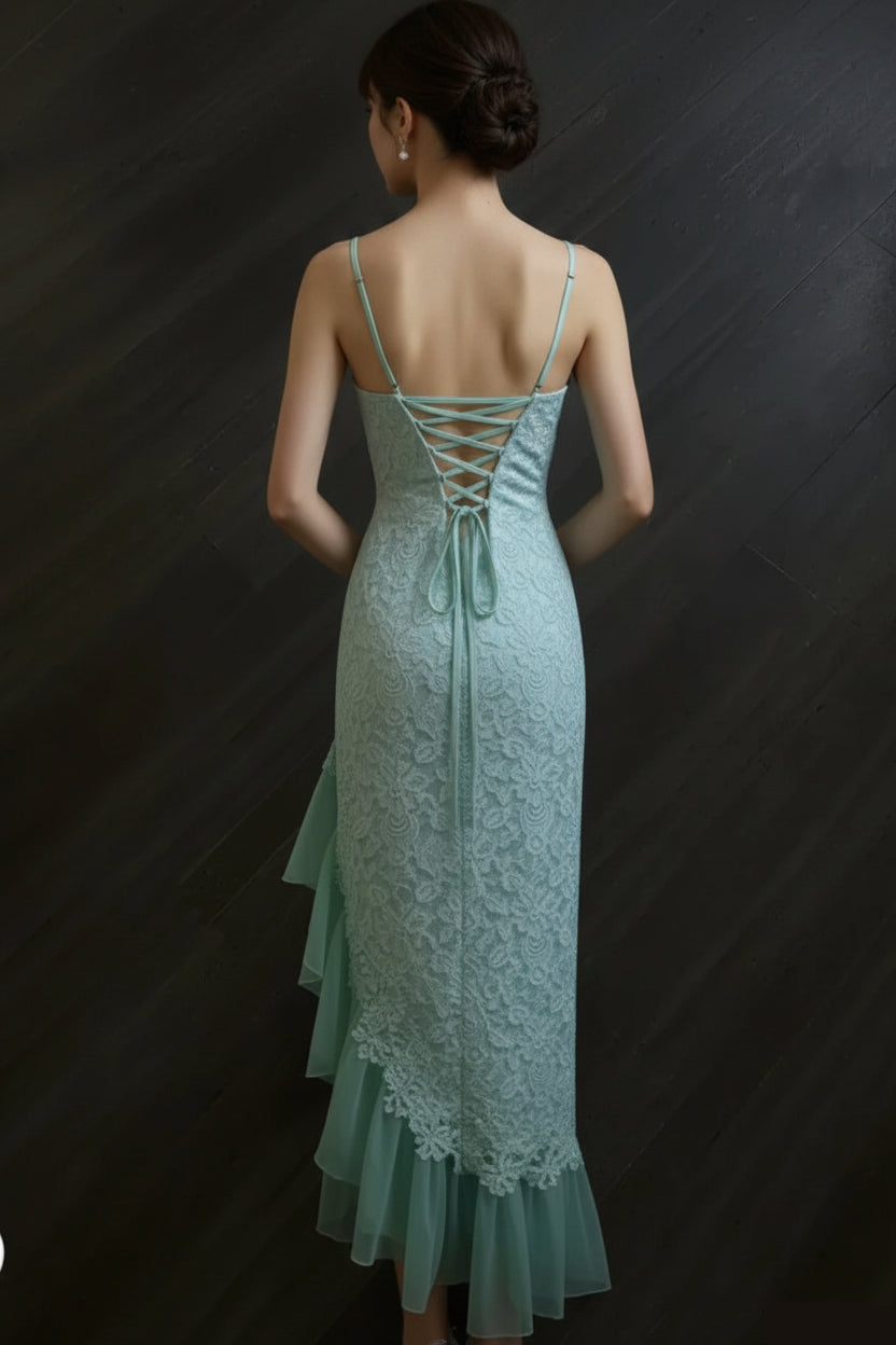 Spaghetti Straps Bodycon Chiffon Prom Dresses Lace Applique Sweet Fairytale Mint Green Party Dresses