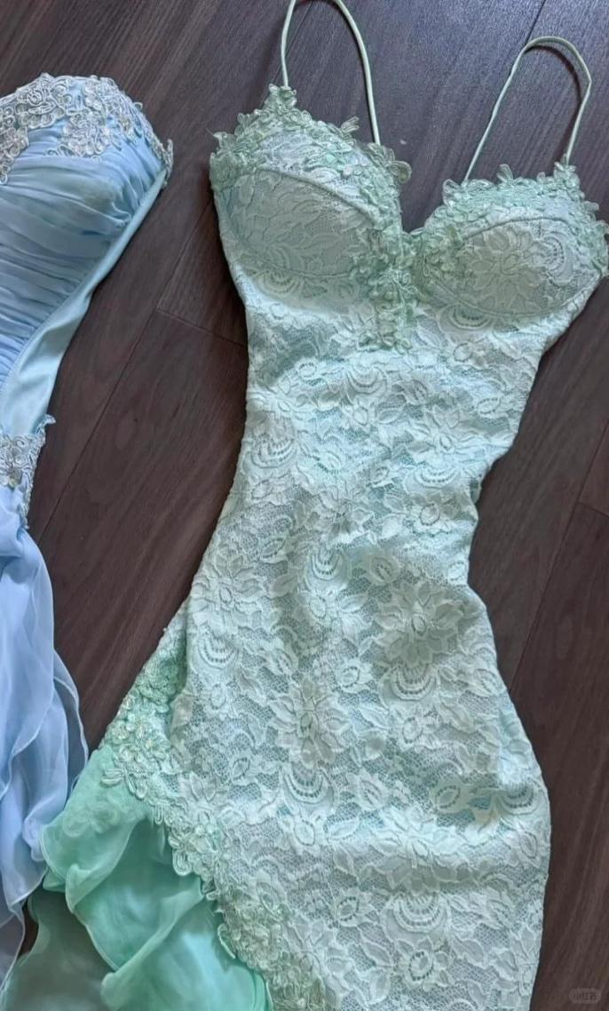 Spaghetti Straps Bodycon Chiffon Prom Dresses Lace Applique Sweet Fairytale Mint Green Party Dresses