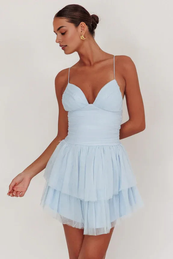 Spaghetti Straps Ruffle Tiered Ruched Mesh Baby Blue Mini Homecoming Dress