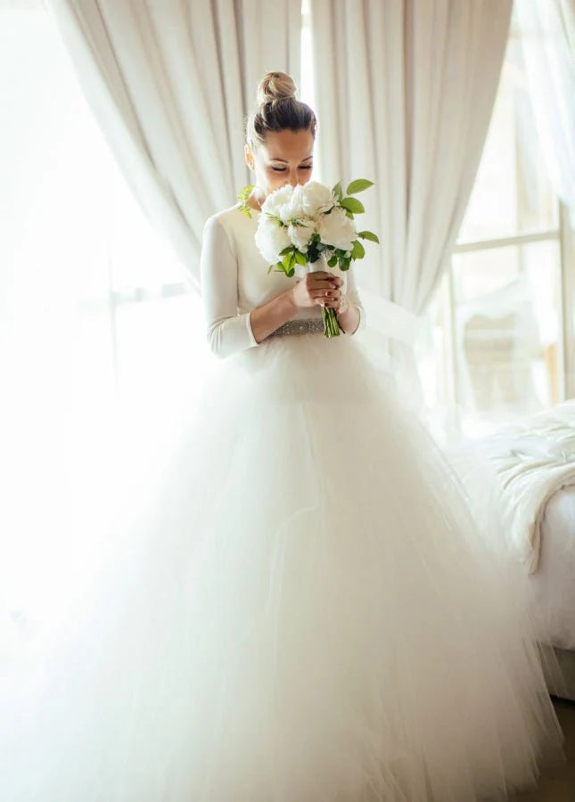 Spandex Three-quarter Sleeves Covered-Button Beading Wedding Dresses With Rhinestones Belt