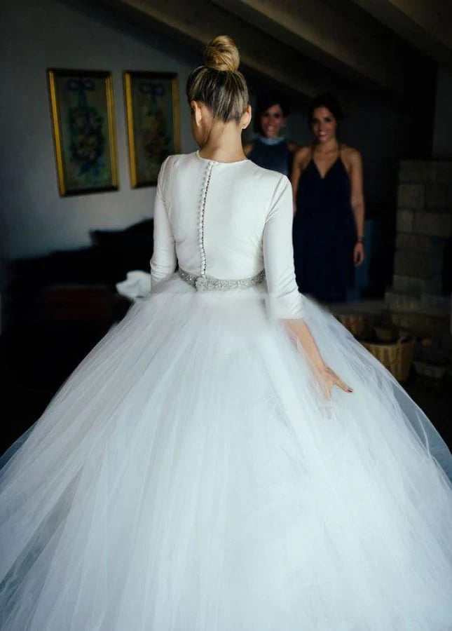 Spandex Three-quarter Sleeves Covered-Button Beading Wedding Dresses With Rhinestones Belt