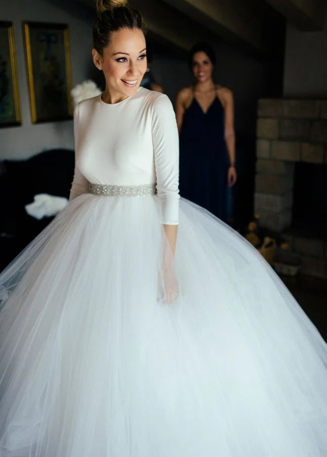 Spandex Three-quarter Sleeves Covered-Button Beading Wedding Dresses With Rhinestones Belt