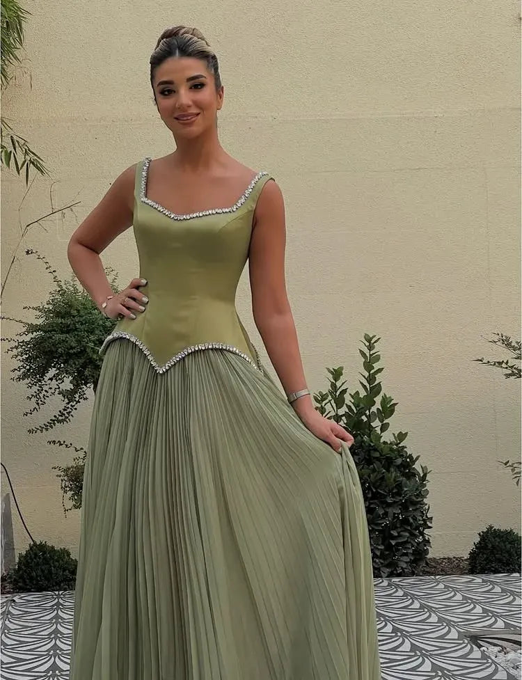 Sparkle A-Line Square Neck Beaded Pleated Sage Long Prom Dress Custom