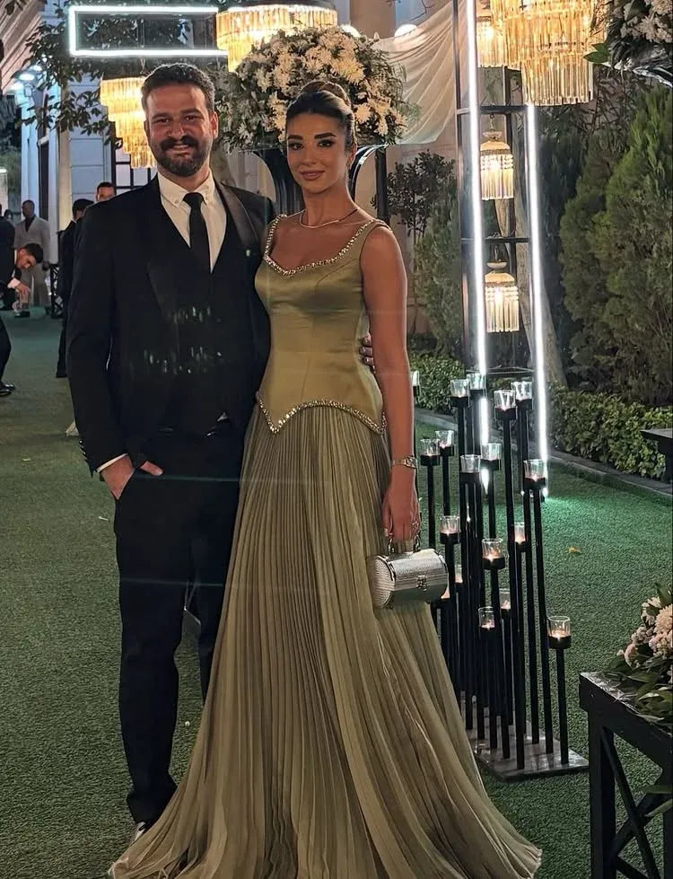 Sparkle A-Line Square Neck Beaded Pleated Sage Long Prom Dress Custom