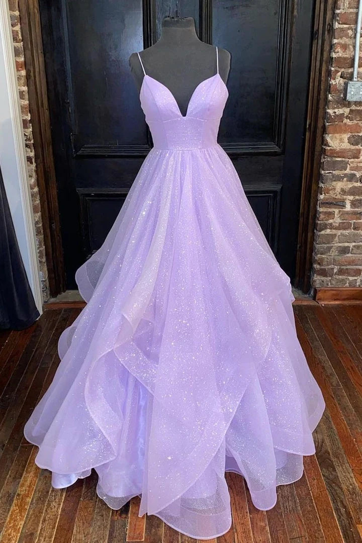 Sparkle Lavender Straps Multi-Tiered Long Prom Dress