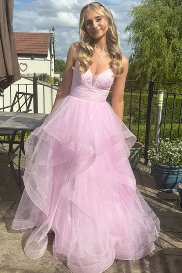 Sparkle Lavender Straps Multi-Tiered Long Prom Dress