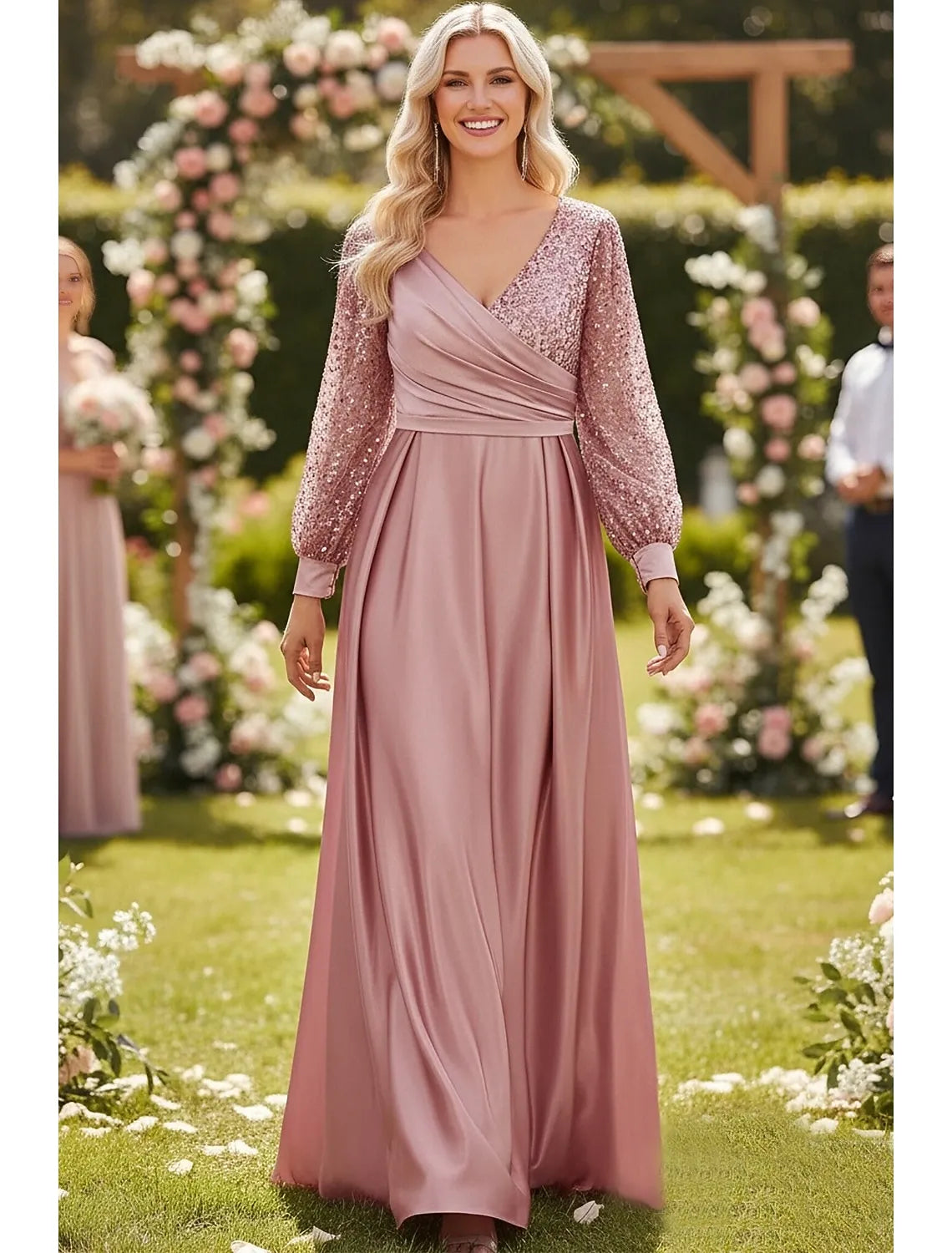 Sparkling A-Line V Neck Long Sleeve Sequin Satin Mauve Maxi Prom Dress
