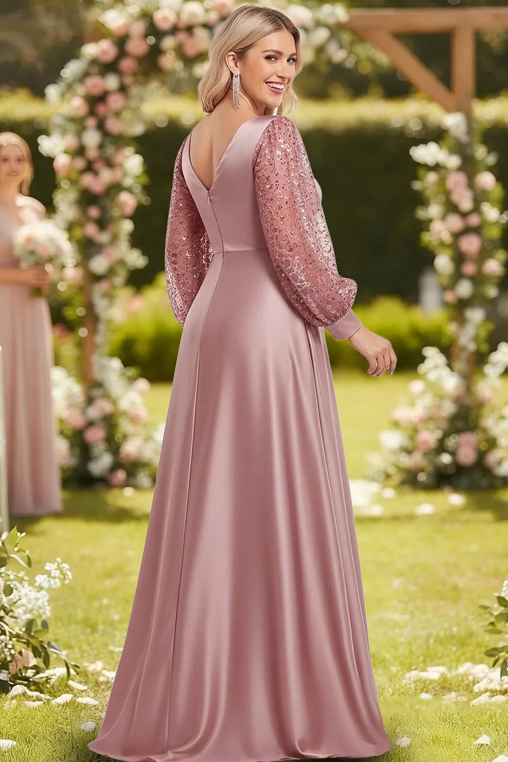 Sparkling A-Line V Neck Long Sleeve Sequin Satin Mauve Maxi Prom Dress