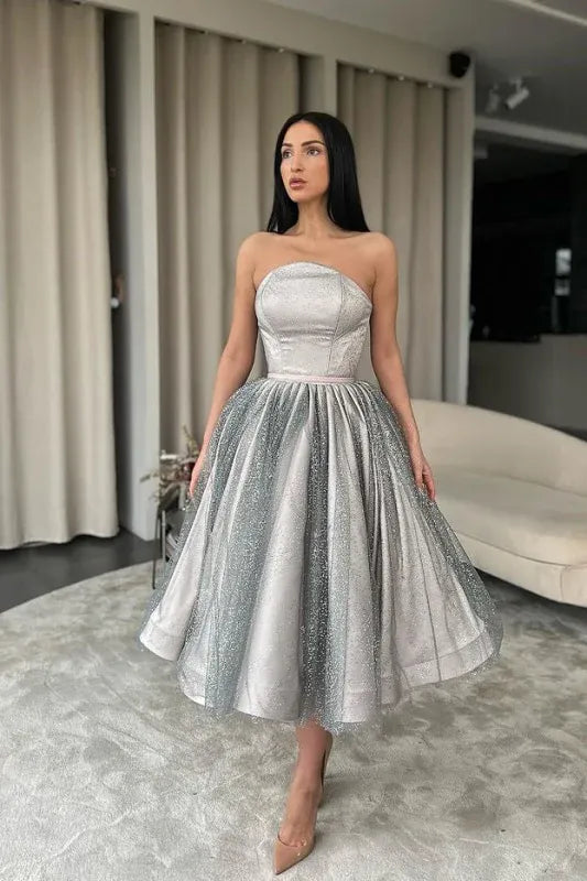 Sparkling Ball Gown Strapless Glitter Silver Tea-Length Prom Dress For Sale