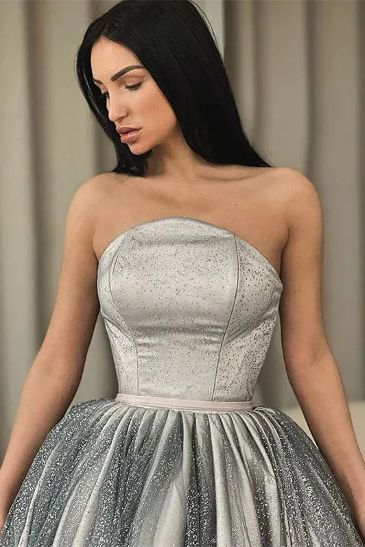 Sparkling Ball Gown Strapless Glitter Silver Tea-Length Prom Dress For Sale