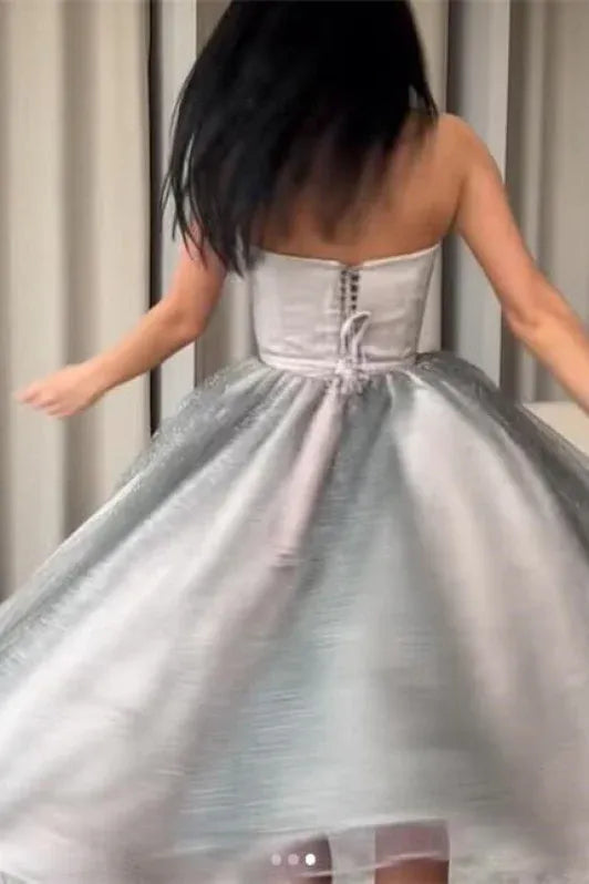 Sparkling Ball Gown Strapless Glitter Silver Tea-Length Prom Dress For Sale