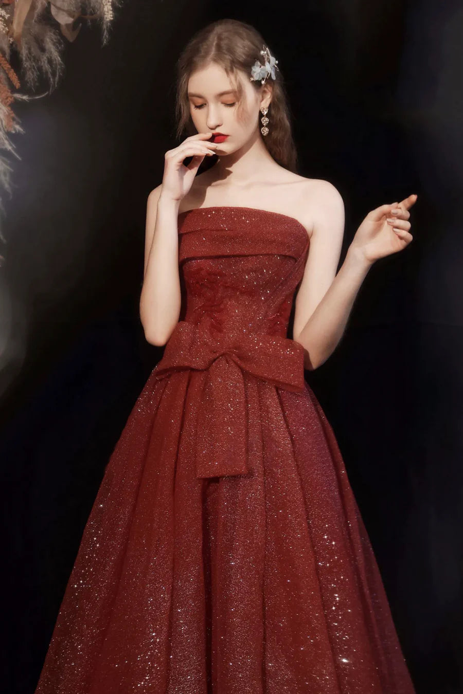 Sparkling Burgundy Tulle A-Line Strapless Long Prom Dress Evening Party Dress