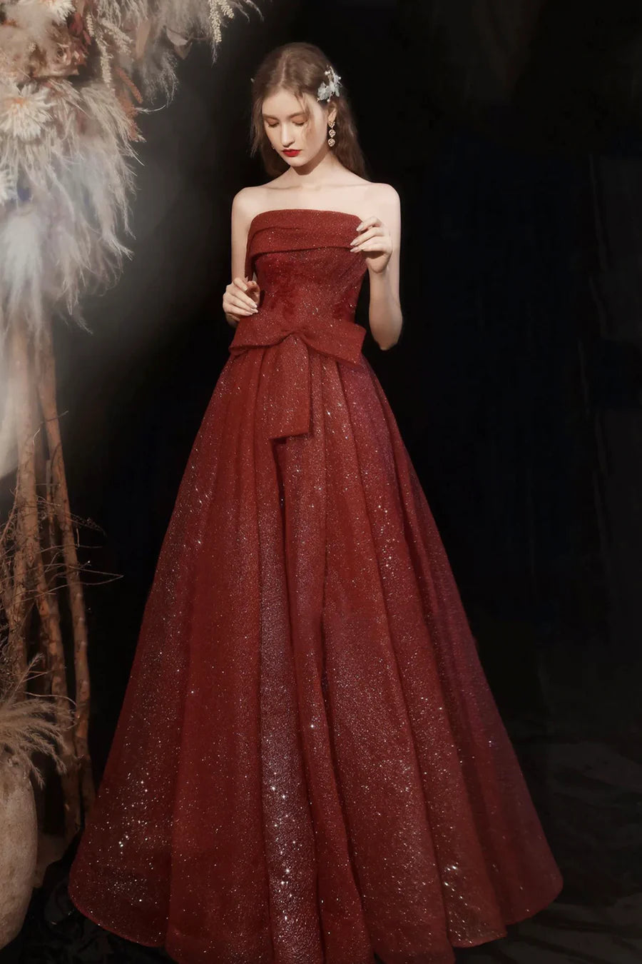 Sparkling Burgundy Tulle A-Line Strapless Long Prom Dress Evening Party Dress