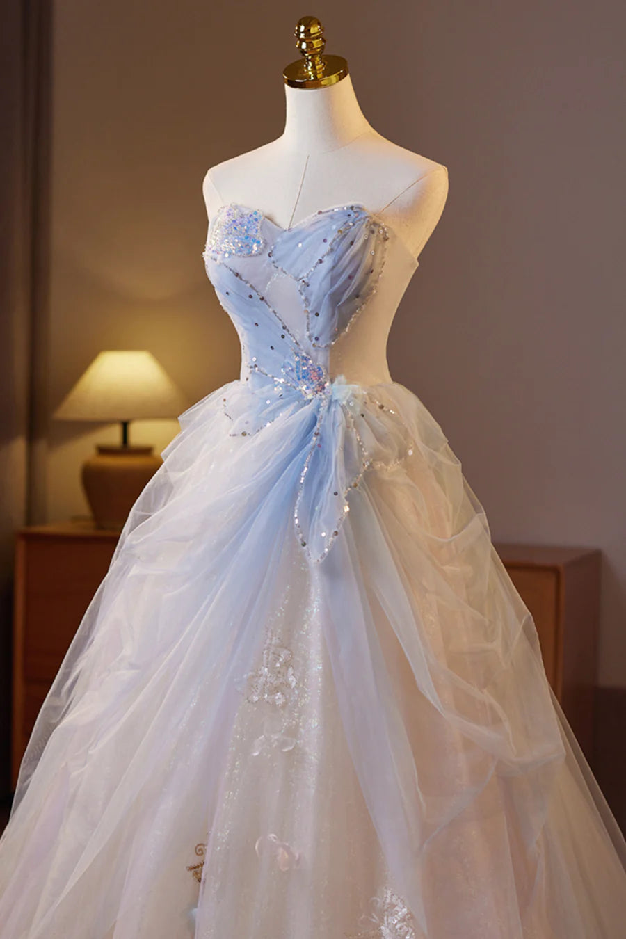 Sparkling Champagne Tulle A-Line Strapless Floor Length Long Prom Dress Evening Party Dress