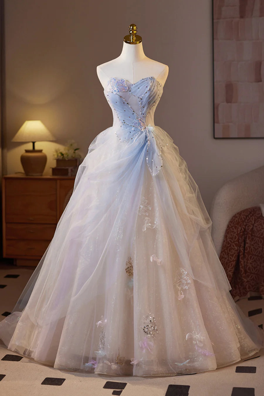 Sparkling Champagne Tulle A-Line Strapless Floor Length Long Prom Dress Evening Party Dress