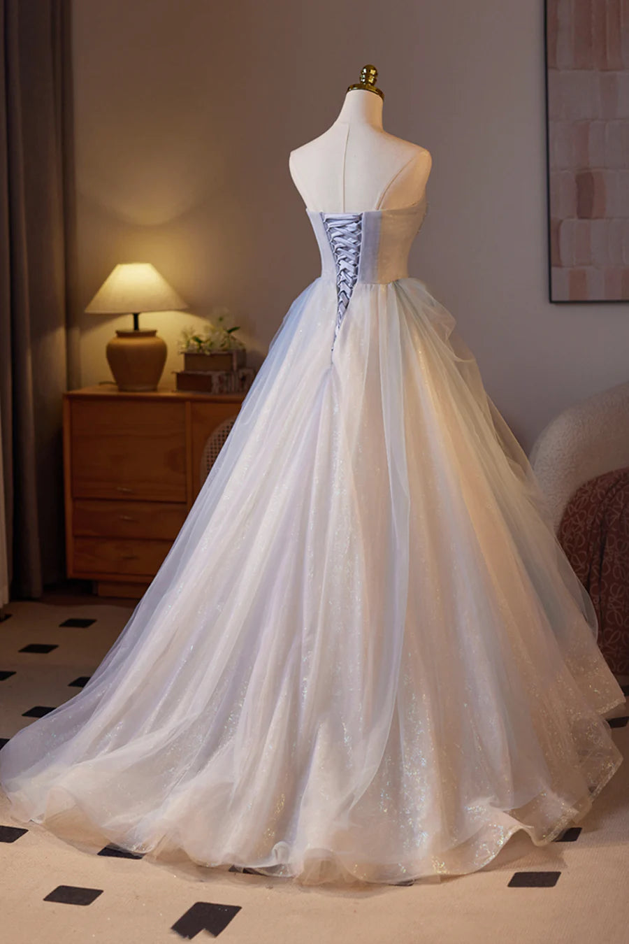 Sparkling Champagne Tulle A-Line Strapless Floor Length Long Prom Dress Evening Party Dress