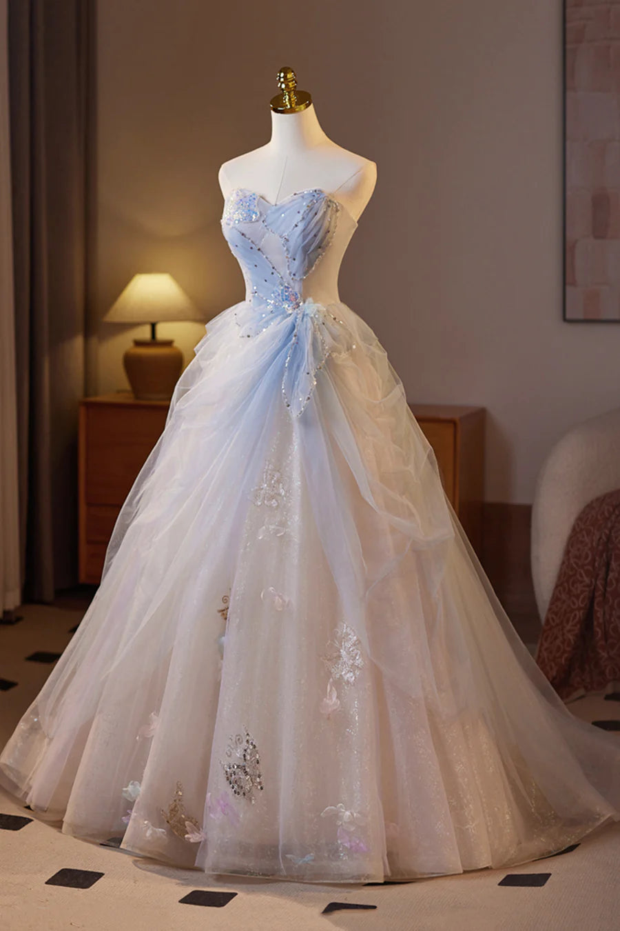 Sparkling Champagne Tulle A-Line Strapless Floor Length Long Prom Dress Evening Party Dress