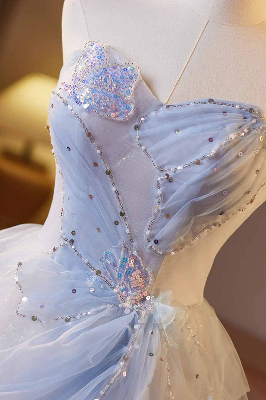 Sparkling Champagne Tulle Sequins A-Line Strapless Short  Prom Dress Evening Party Dress