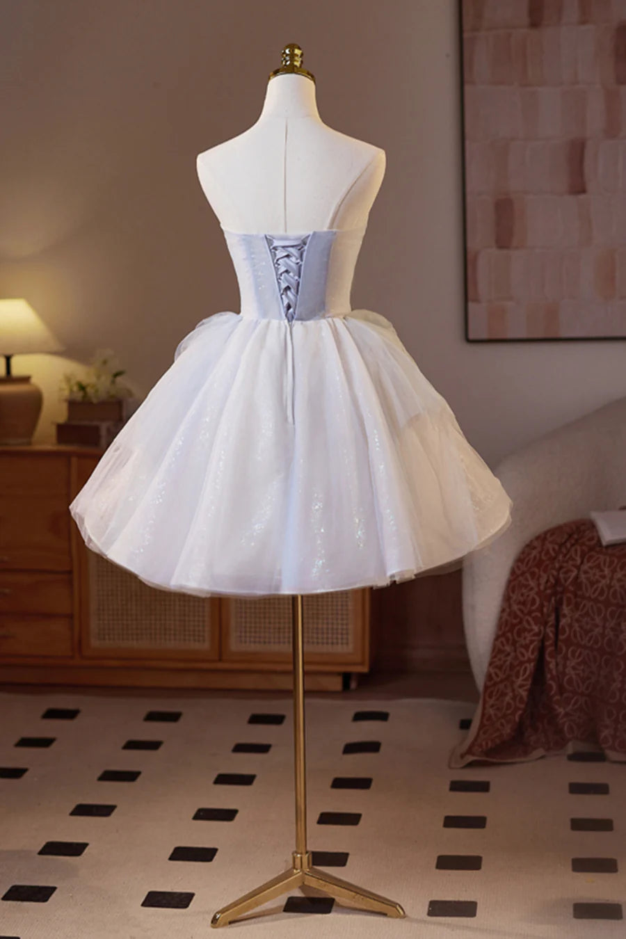 Sparkling Champagne Tulle Sequins A-Line Strapless Short  Prom Dress Evening Party Dress