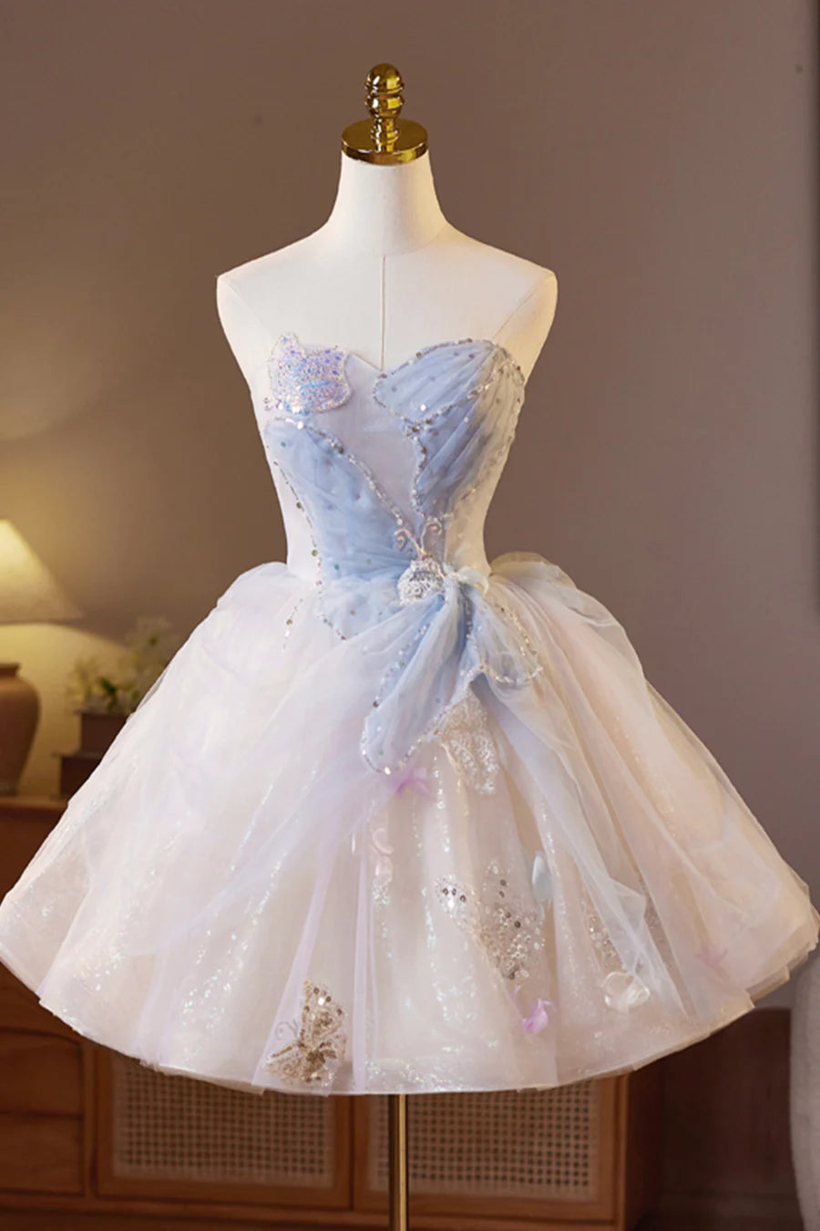Sparkling Champagne Tulle Sequins A-Line Strapless Short  Prom Dress Evening Party Dress