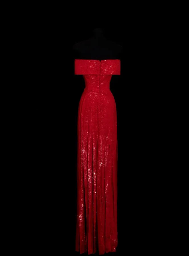 Sparkling Mermaid Off-Shoulder Ruched Sequin Red Long Prom Dress Custom