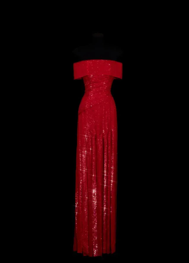 Sparkling Mermaid Off-Shoulder Ruched Sequin Red Long Prom Dress Custom