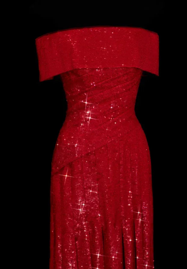 Sparkling Mermaid Off-Shoulder Ruched Sequin Red Long Prom Dress Custom