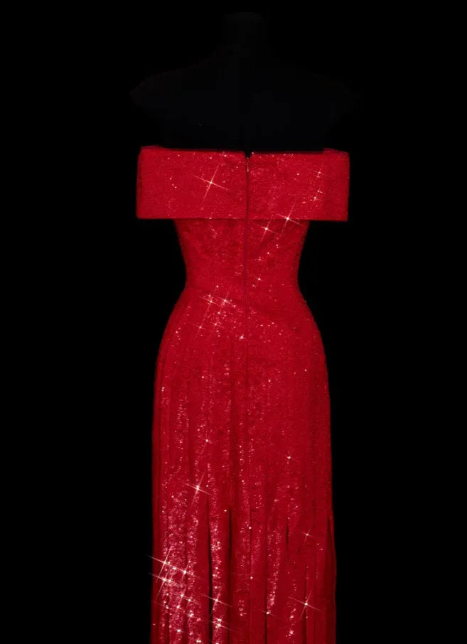 Sparkling Mermaid Off-Shoulder Ruched Sequin Red Long Prom Dress Custom