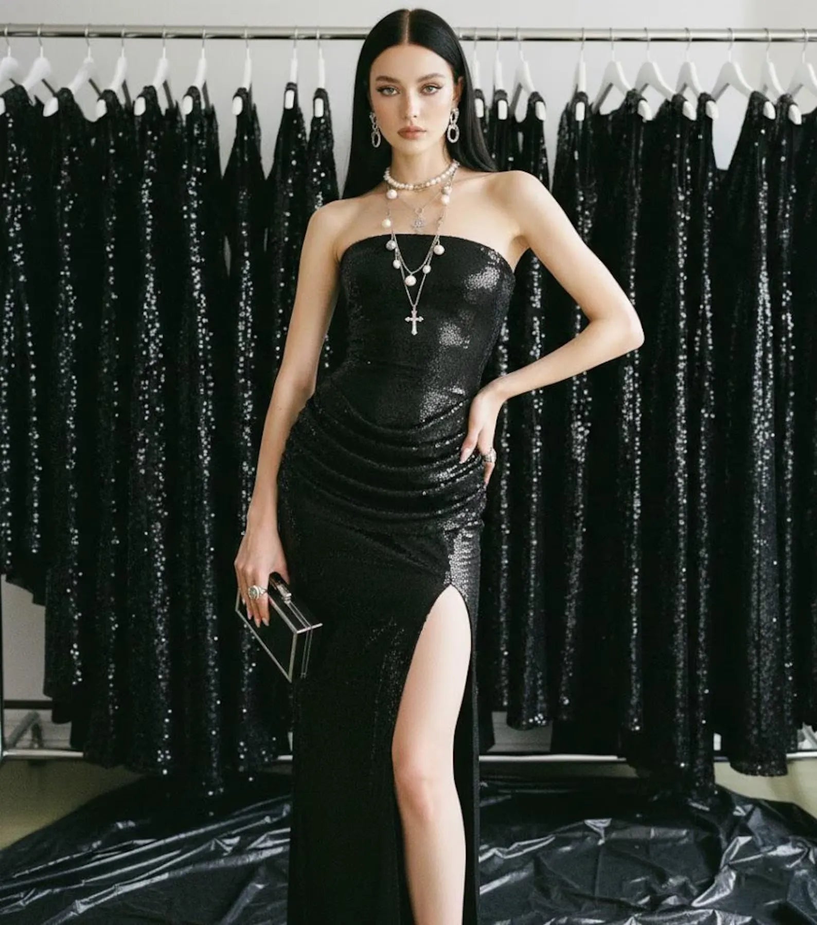 Sparkling Mermaid Strapless Sequin Black Ankle Length Prom Dress With Slit