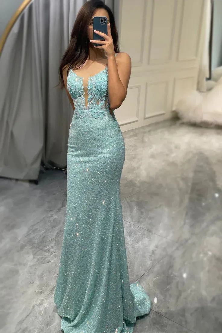 Sparkling Mermaid V-Neck Beaded Lace Sequin Blue Prom Dress With Train