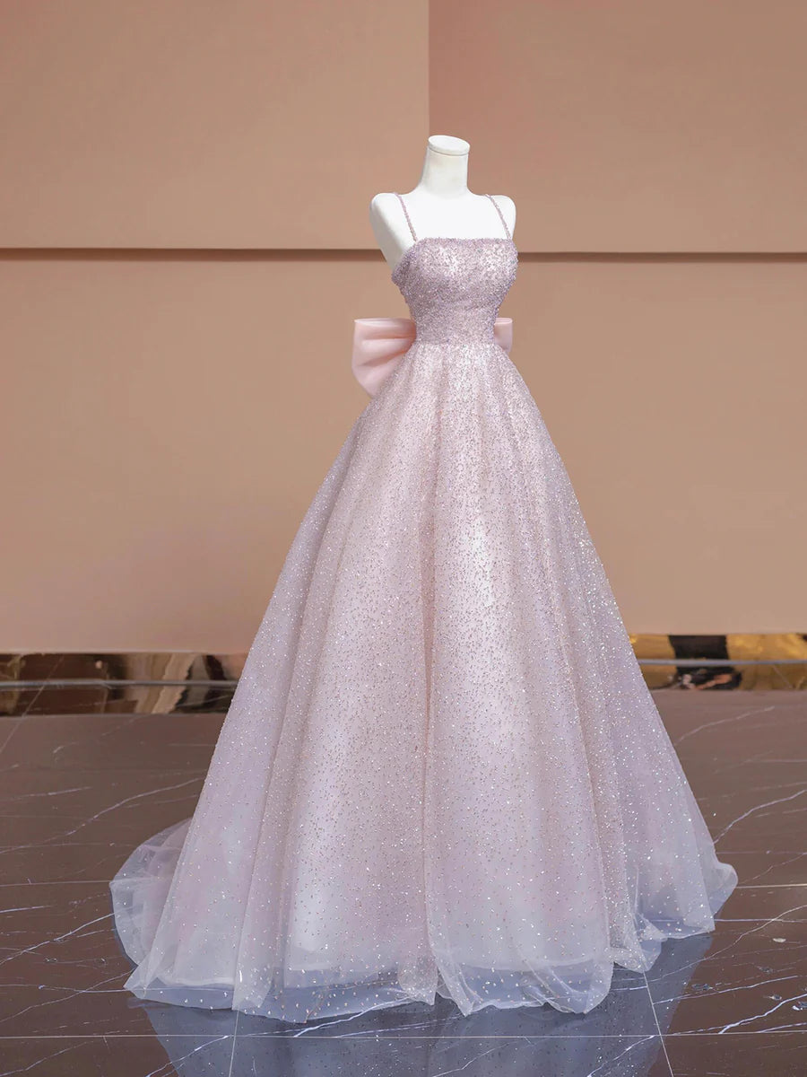 Sparkling Pink Sequin Spaghetti Strap A-Line Long Prom Dress Party Dress With Bow