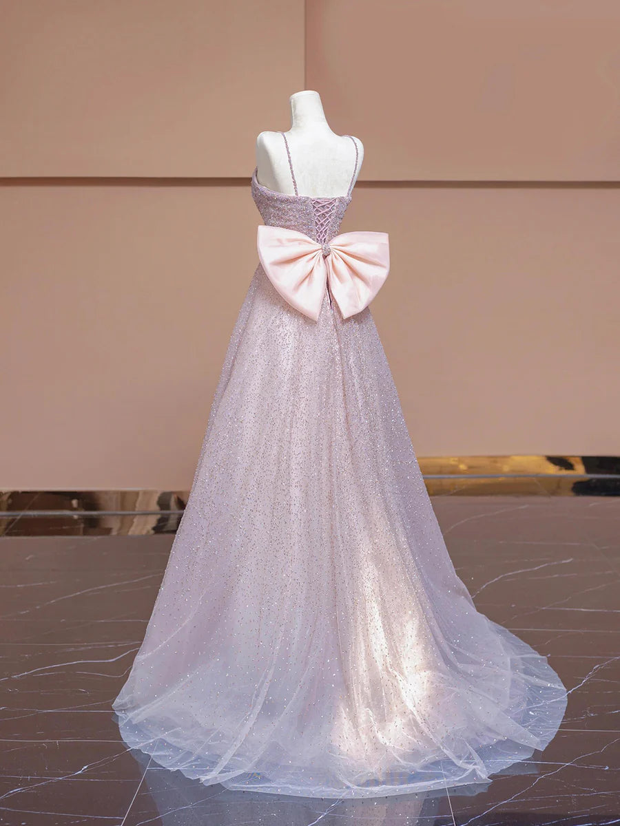 Sparkling Pink Sequin Spaghetti Strap A-Line Long Prom Dress Party Dress With Bow