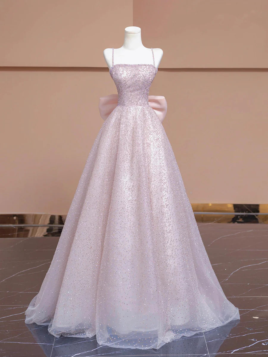 Sparkling Pink Sequin Spaghetti Strap A-Line Long Prom Dress Party Dress With Bow