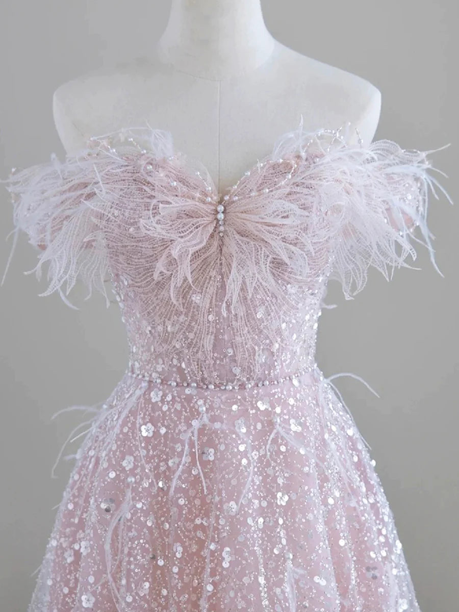 Sparkling Pink Tulle Sequin Off the Shoulder Long Prom Dress Evening Party Dress