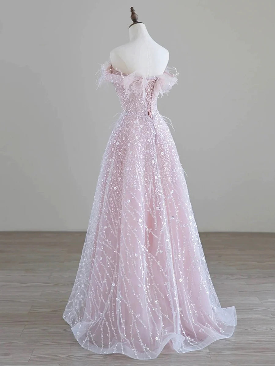 Sparkling Pink Tulle Sequin Off the Shoulder Long Prom Dress Evening Party Dress