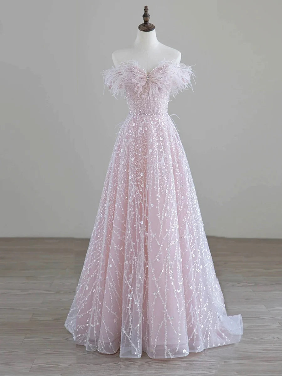 Sparkling Pink Tulle Sequin Off the Shoulder Long Prom Dress Evening Party Dress