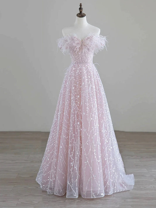 Sparkling Pink Tulle Sequin Off the Shoulder Long Prom Dress Evening Party Dress