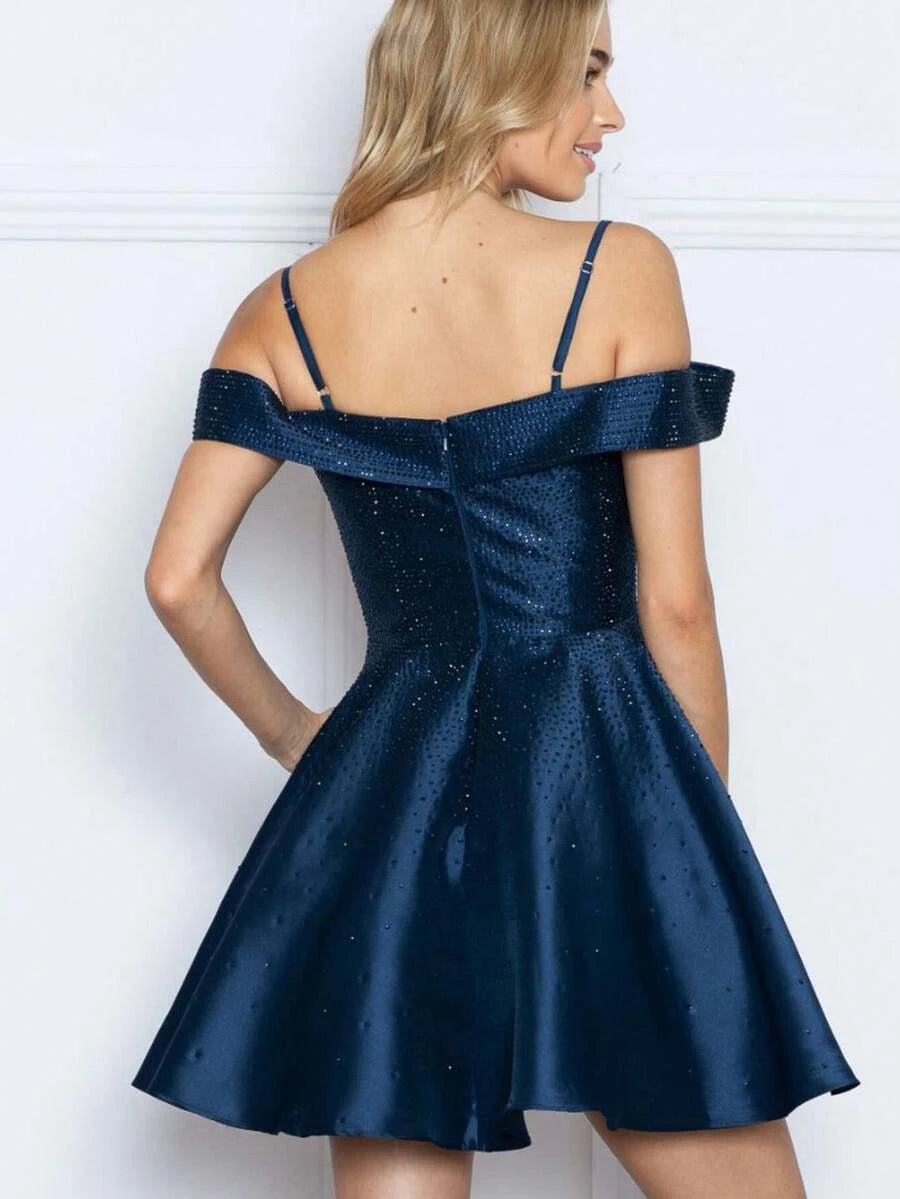 Sparkling A-Line Off-Shoulder Beaded Rhinestone Satin Navy Blue Mini Homecoming Dress