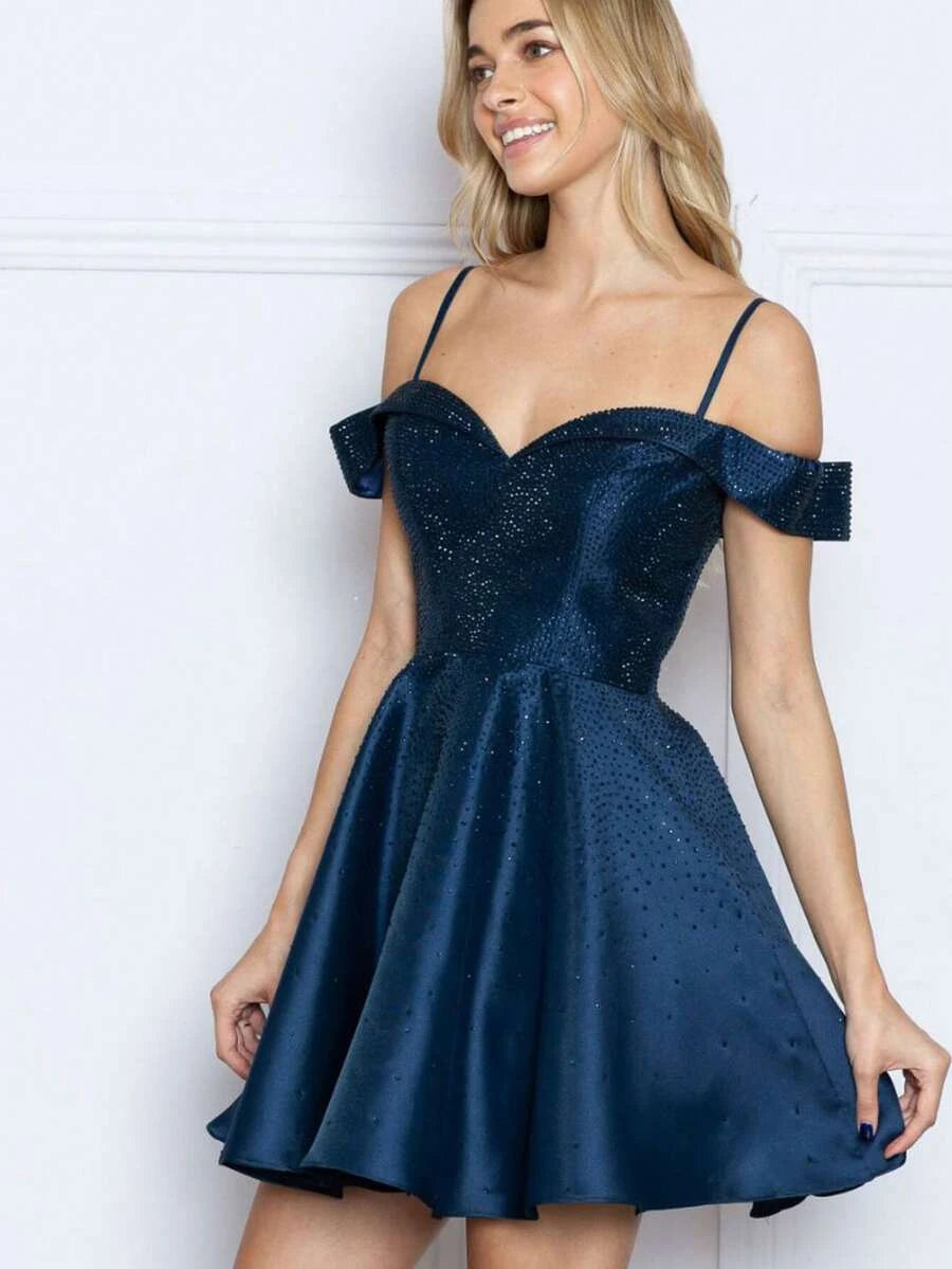 Sparkling A-Line Off-Shoulder Beaded Rhinestone Satin Navy Blue Mini Homecoming Dress