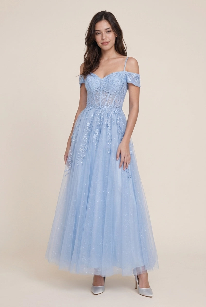 Sparkling A-Line Off-Shoulder Floral Glitter Tulle Light Blue Maxi Prom Dress With Appliques