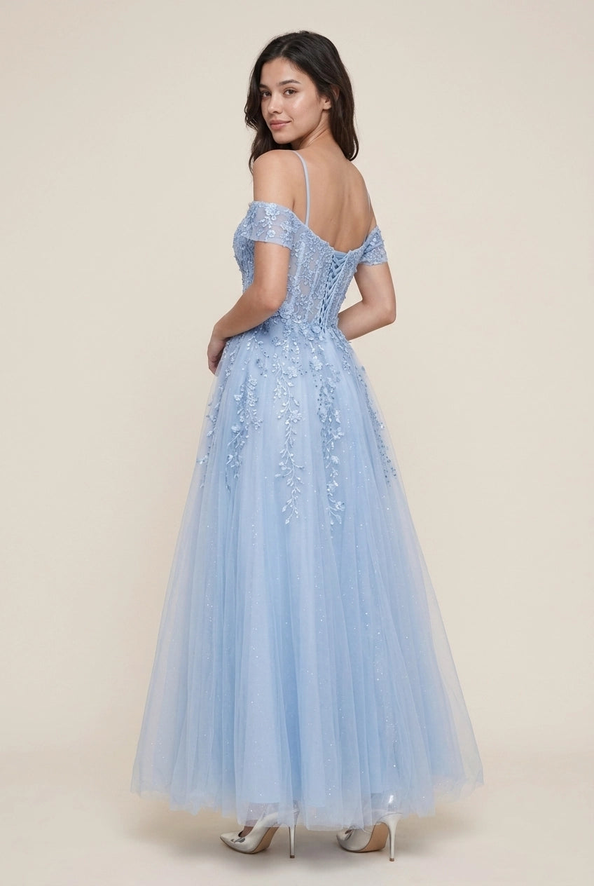 Sparkling A-Line Off-Shoulder Floral Glitter Tulle Light Blue Maxi Prom Dress With Appliques