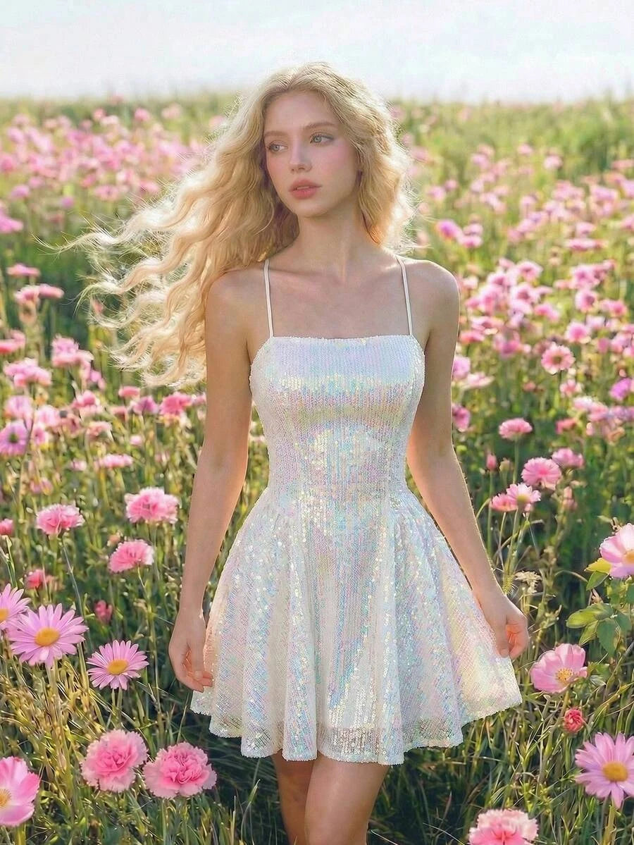 Sparkling A-Line Spaghetti Straps Criss-Cross Back Ruffle Sequin White Mini Homecoming Dress