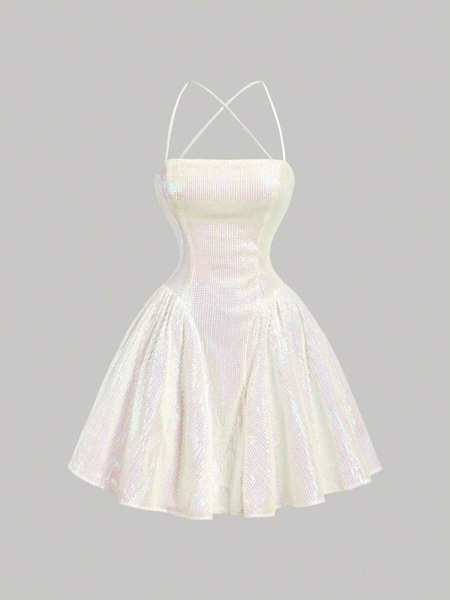 Sparkling A-Line Spaghetti Straps Criss-Cross Back Ruffle Sequin White Mini Homecoming Dress