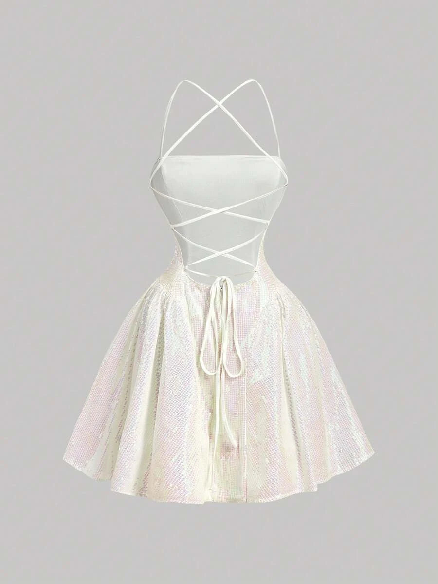 Sparkling A-Line Spaghetti Straps Criss-Cross Back Ruffle Sequin White Mini Homecoming Dress