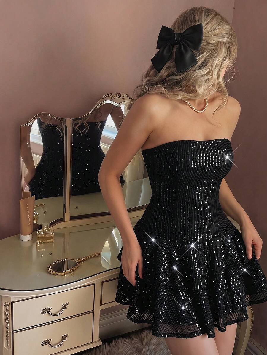 Sparkling A-Line Strapless Tiered Ruffled Sequin Black Short Homecoming Dresses