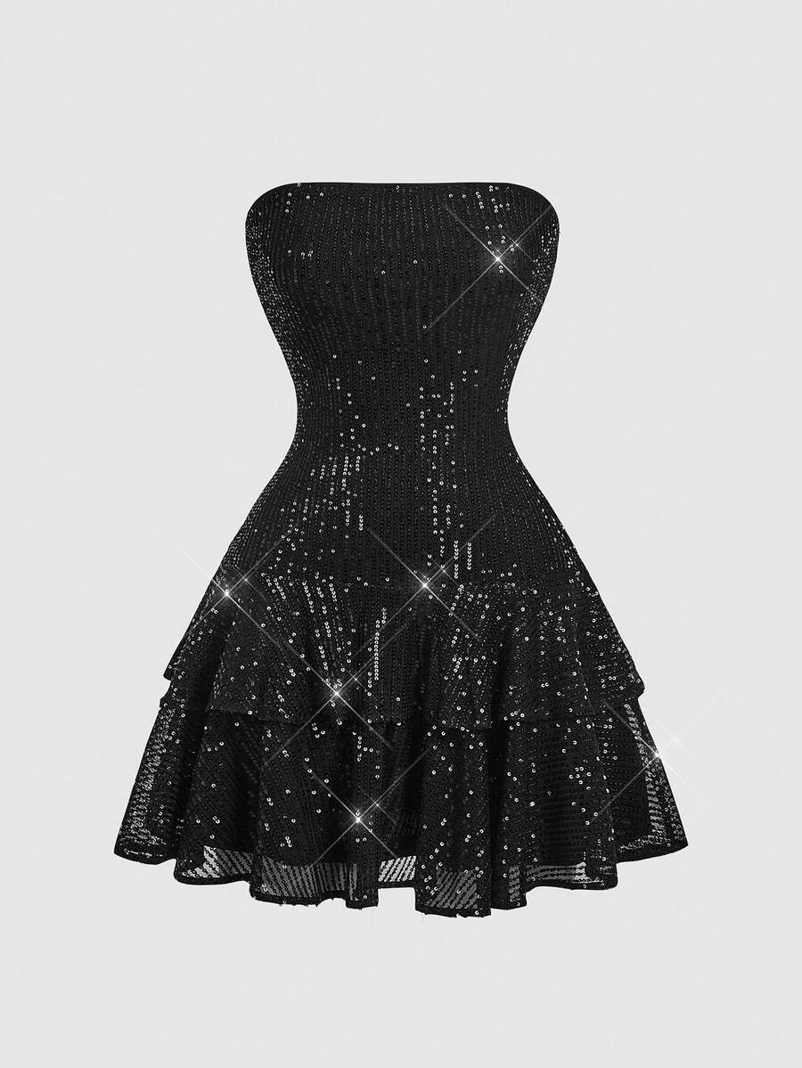 Sparkling A-Line Strapless Tiered Ruffled Sequin Black Short Homecoming Dresses