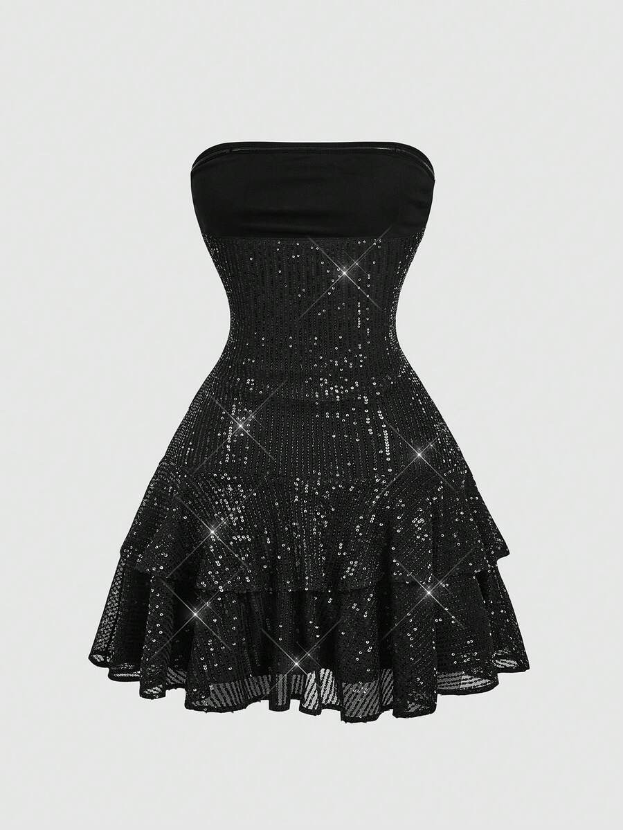 Sparkling A-Line Strapless Tiered Ruffled Sequin Black Short Homecoming Dresses