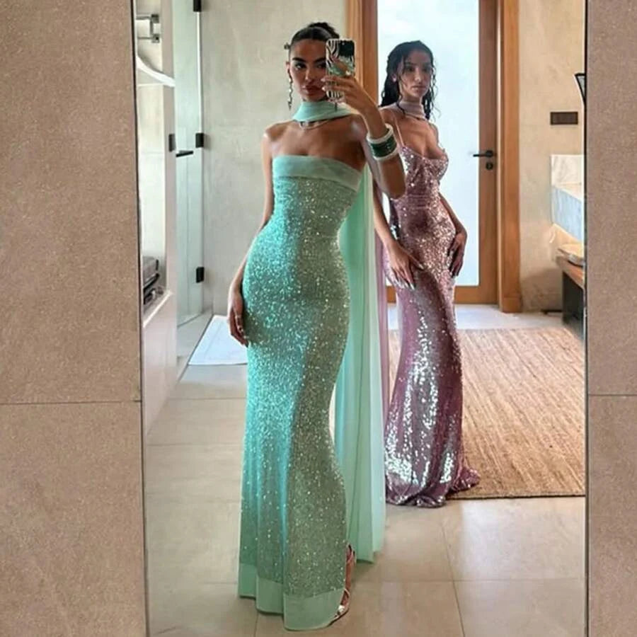 Sparkling Mermaid Strapless Sequin Mint Green Floor-Length Prom Dress With Scarf