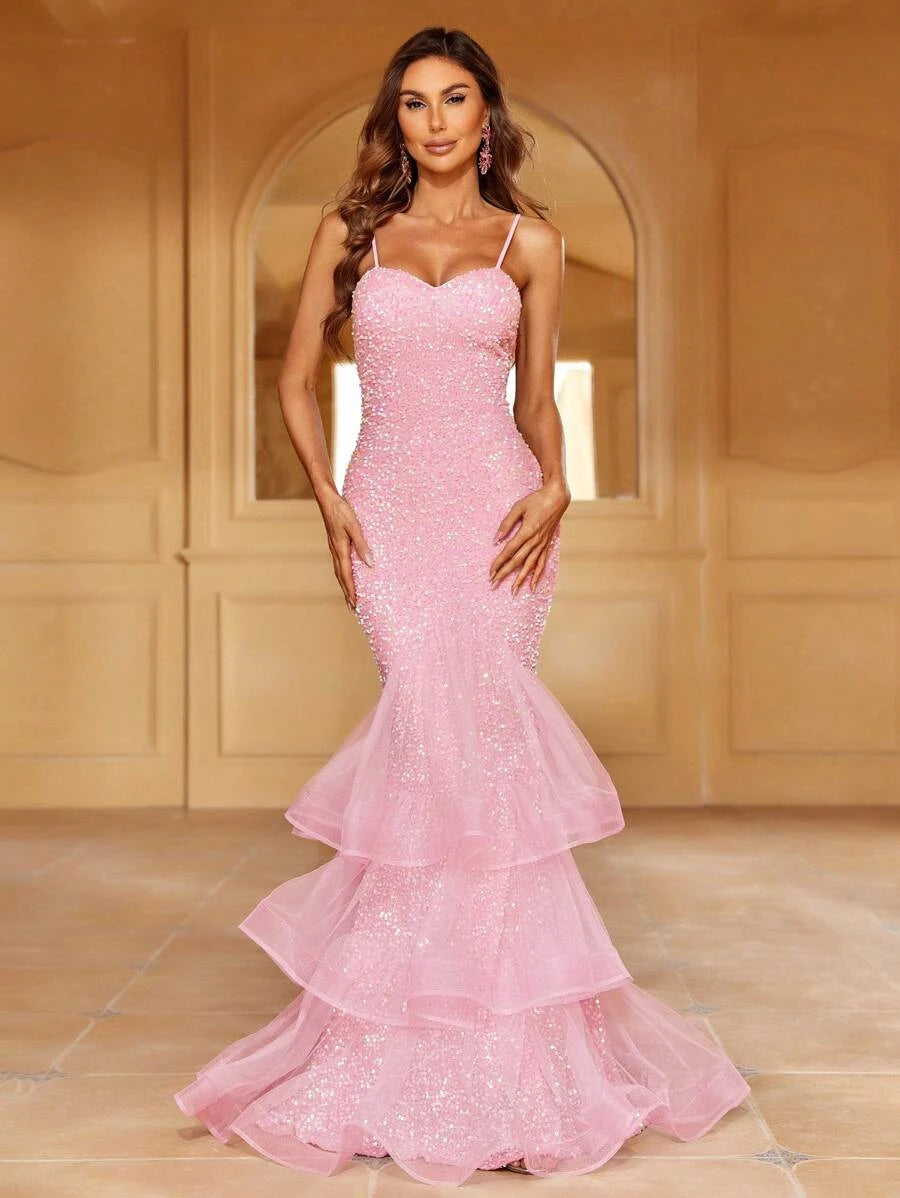 Sparkling Mermaid Sweetheart Tiered Tulle Sequin Pink Floor-Length Prom Dress